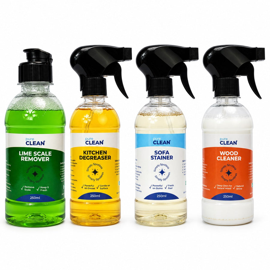PureClean Complete Kit — Kitchen Degreaser, Lime Scale Remover, Wood Cleaner and Sofa Stainer