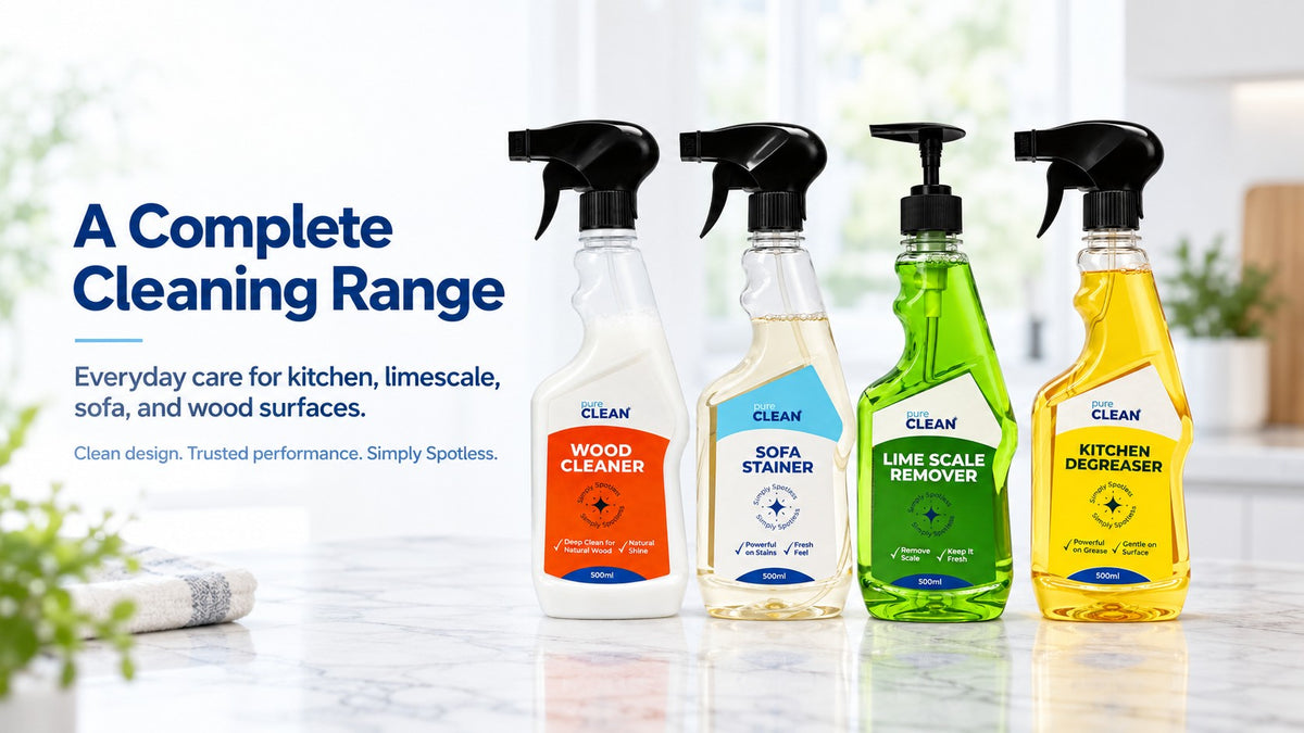 PureClean complete cleaning range — Kitchen Degreaser, Lime Scale Remover, Wood Cleaner and Sofa Stainer bottles