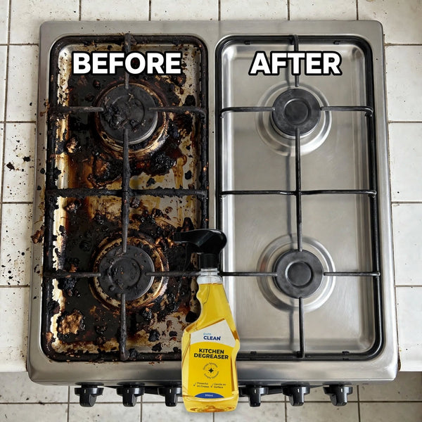 Kitchen Degreaser — greasy stove before and after